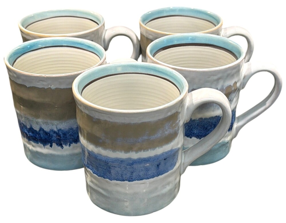 Pier 1 Imports Hand Painted Stoneware Mugs Blue Taupe Striped Set of 5